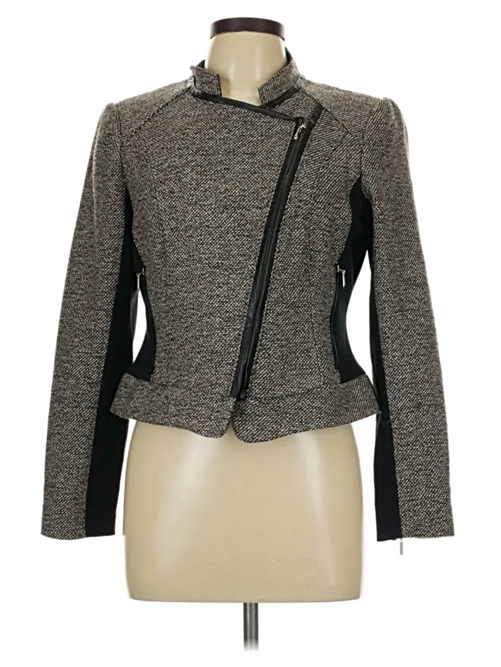 White House Black Market Gray Tweed Asymmetric Zip Moto Jacket with Black Panels